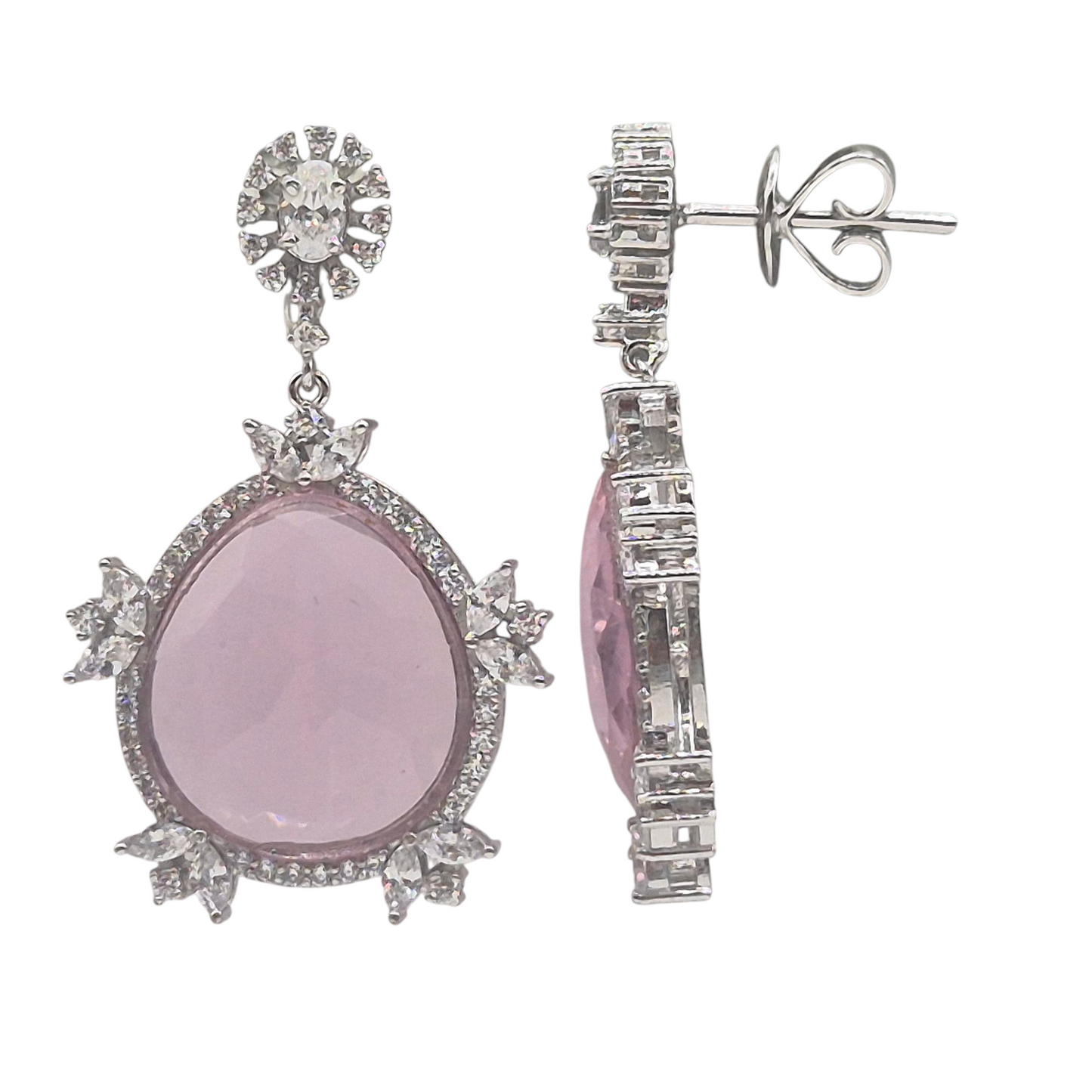 Pastel Pink Hydro quartz with Cubic Zirconia in 925 Silver, in a unique designer floral earring