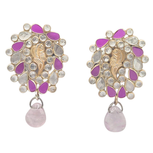 Natural Rubies and White Topaz gemstones, with a peacock motif in 925 Silver