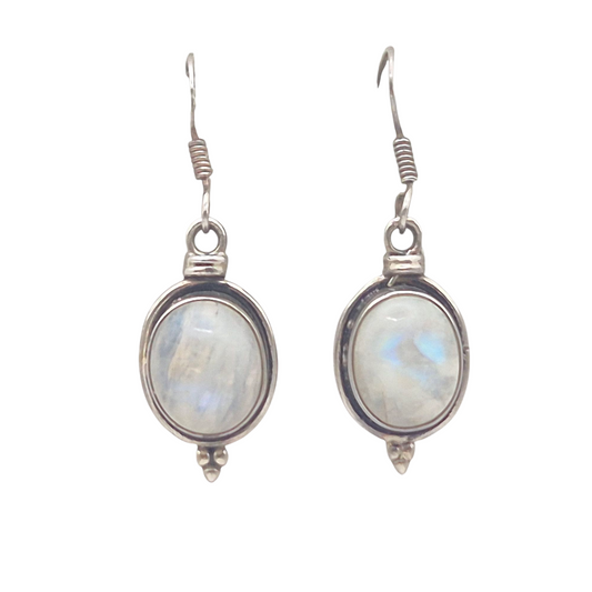 Natural Moonstone gem danglers with a mesmerizing play of colour set in 925 Silver