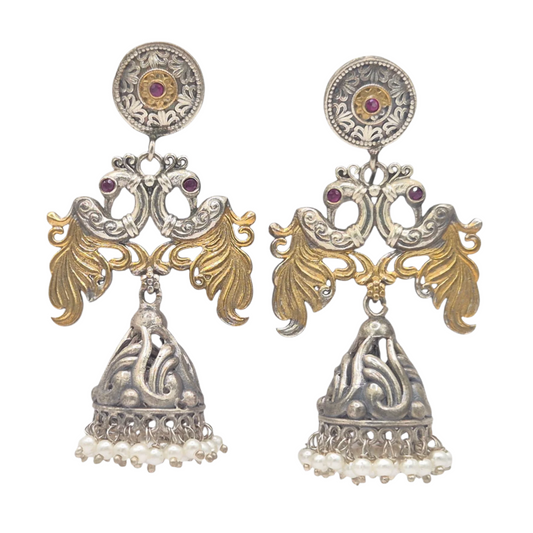 Dual tone ethnic german silver earrings with red quartz