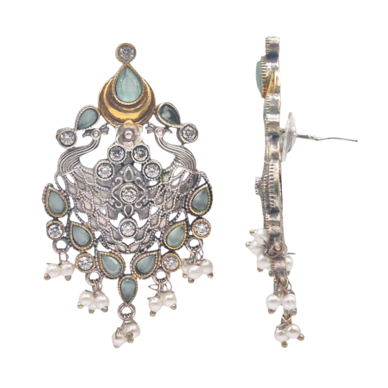 German silver earrings in dual tone with mint green quartz