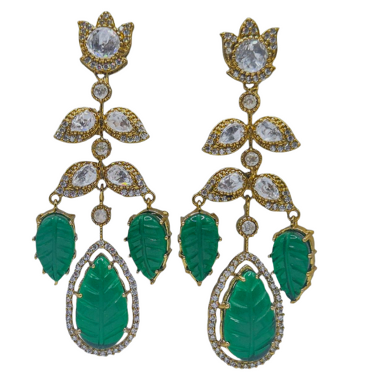 Green Victorian Leaf earrings in brass