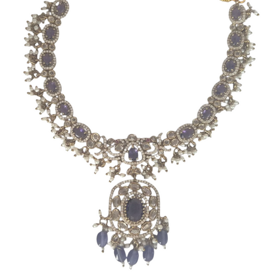Vintage purple quartz with moissanite necklace, with seed pearls