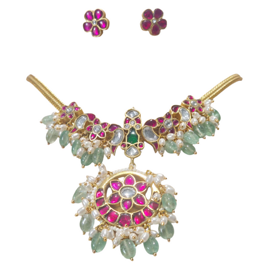 Kundan and pink quartz with jade and seed pearls, in a vintage chokur necklace