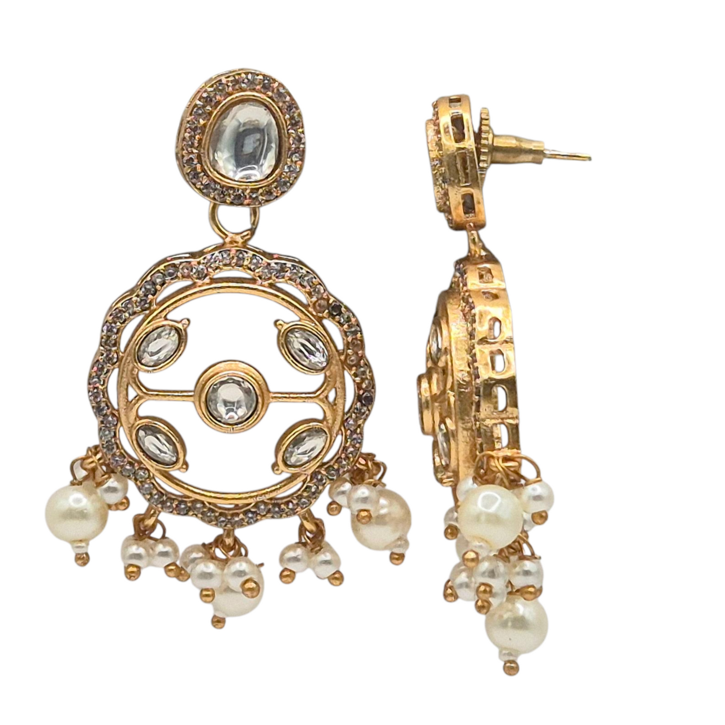 White quartz with kundan and zircons, with pearls