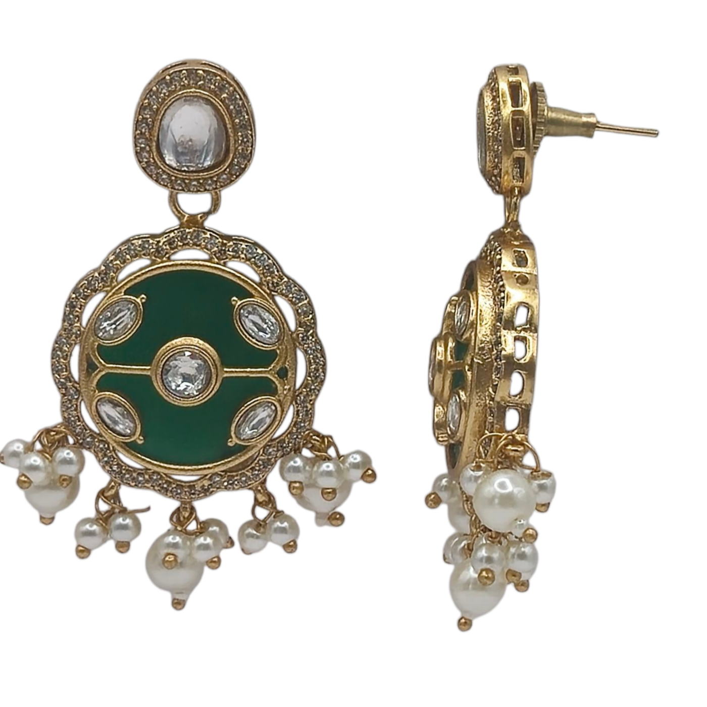 Green quartz embedded with kundan, zircons and seed pearls