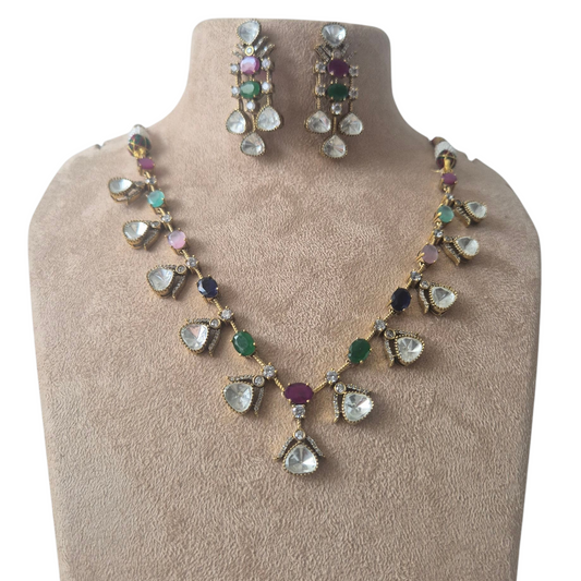 Vintage necklace set made with multi-coloured quartz and lustrous moissanites