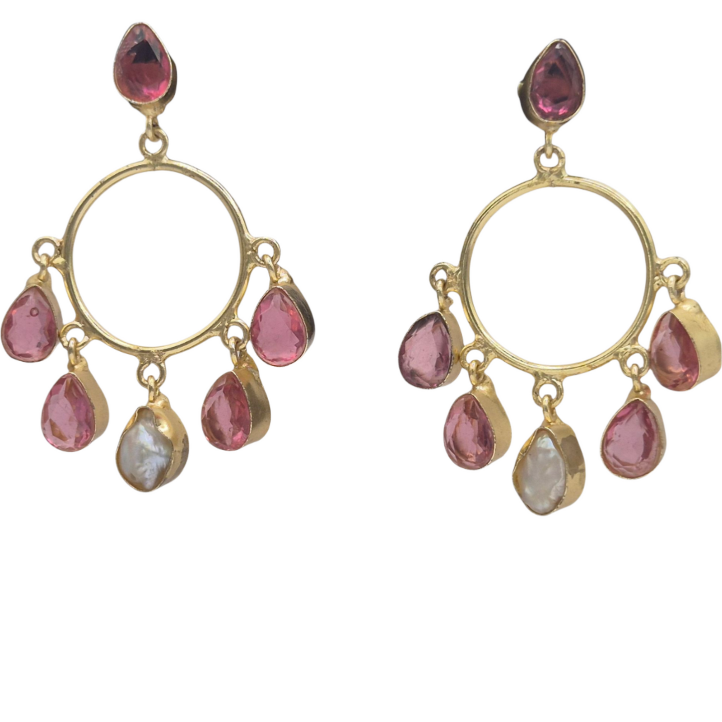 Pink Quartz and pearl chandelier styled earring in brass