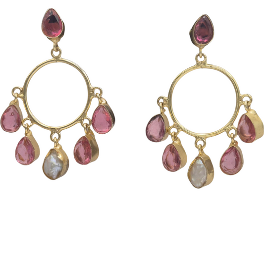 Pink Quartz and pearl chandelier styled earring in brass