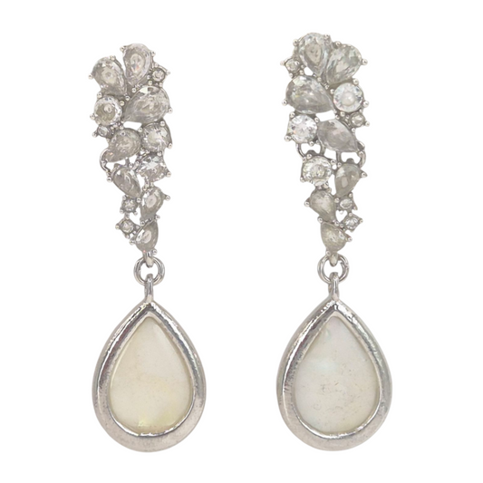 Cubic Zirconias and White Quartz set in Brass with a dangling Mother of Pearl drop set in Brass