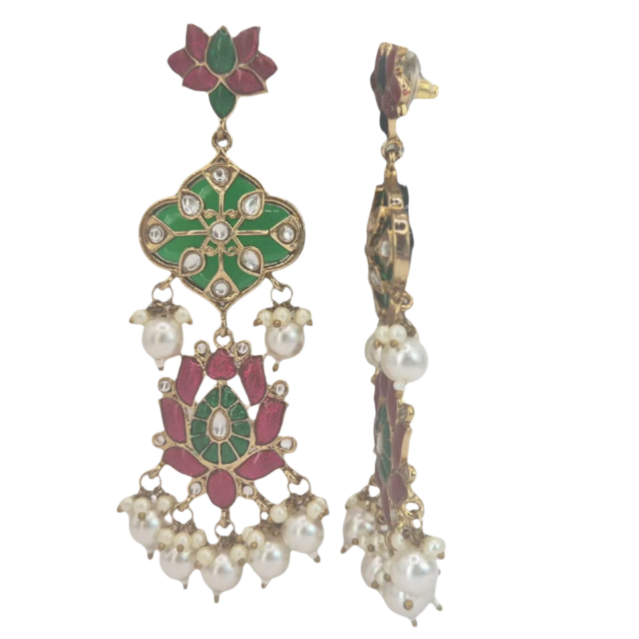 Green quartz with fushcia pink enamel and kundan