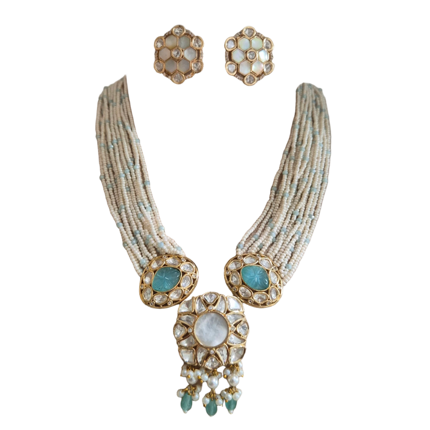 Mother of pearl, seed pearls and sea green quartz in brass