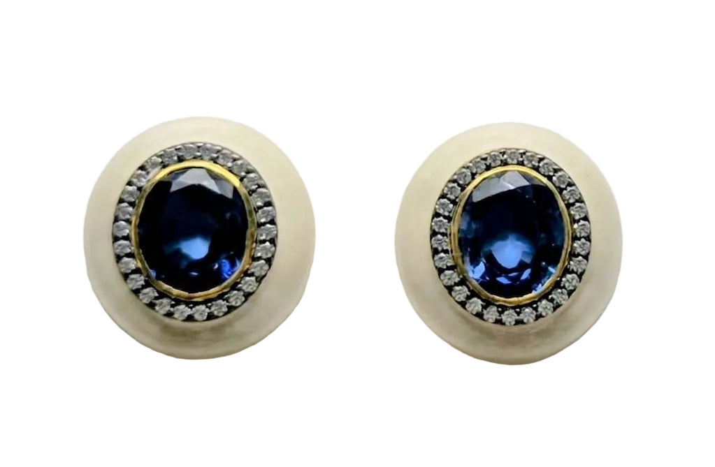 Elegant Blue sapphires with beige enamel and zircons with an antique finish