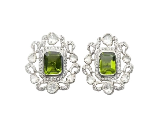 Olive green emerald cut earrings made with moissanite and zircons in 925 silver