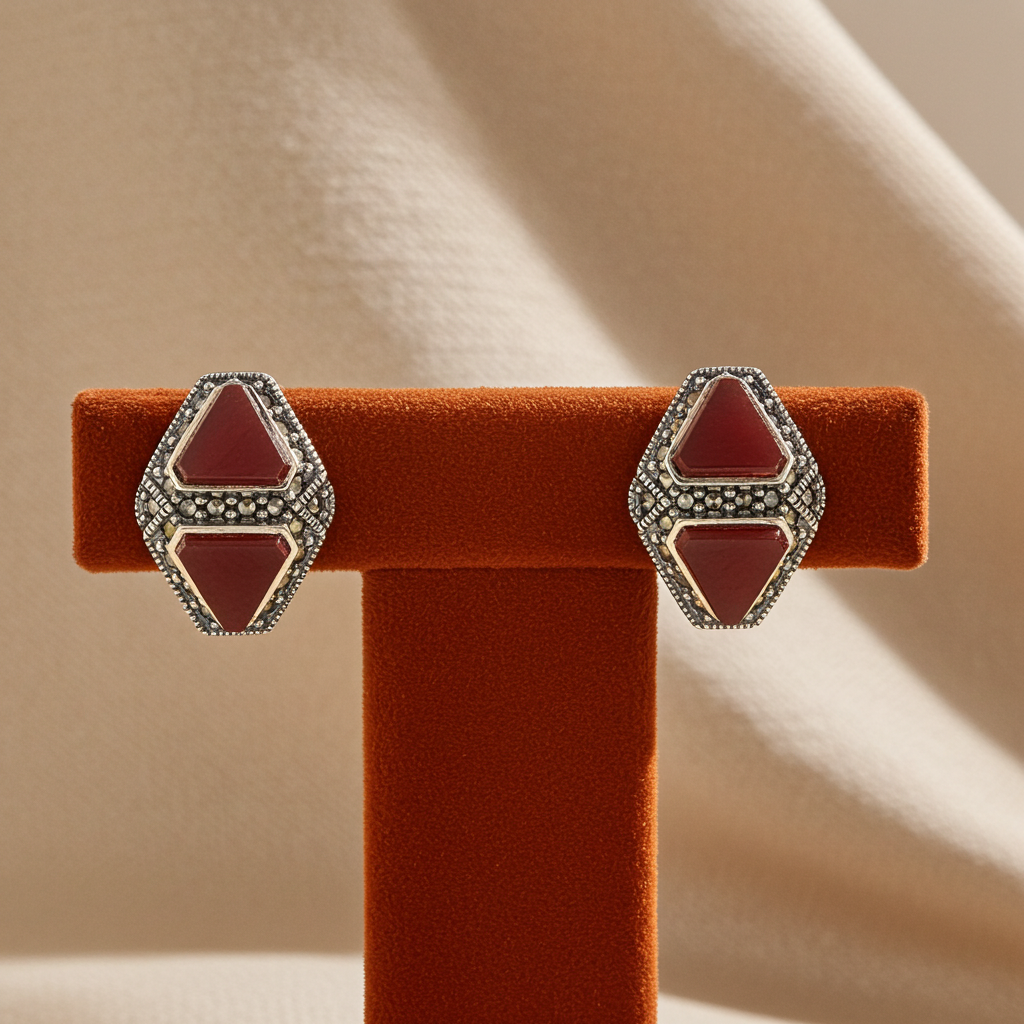 Carnelian gemstone studs with marcasite in brass