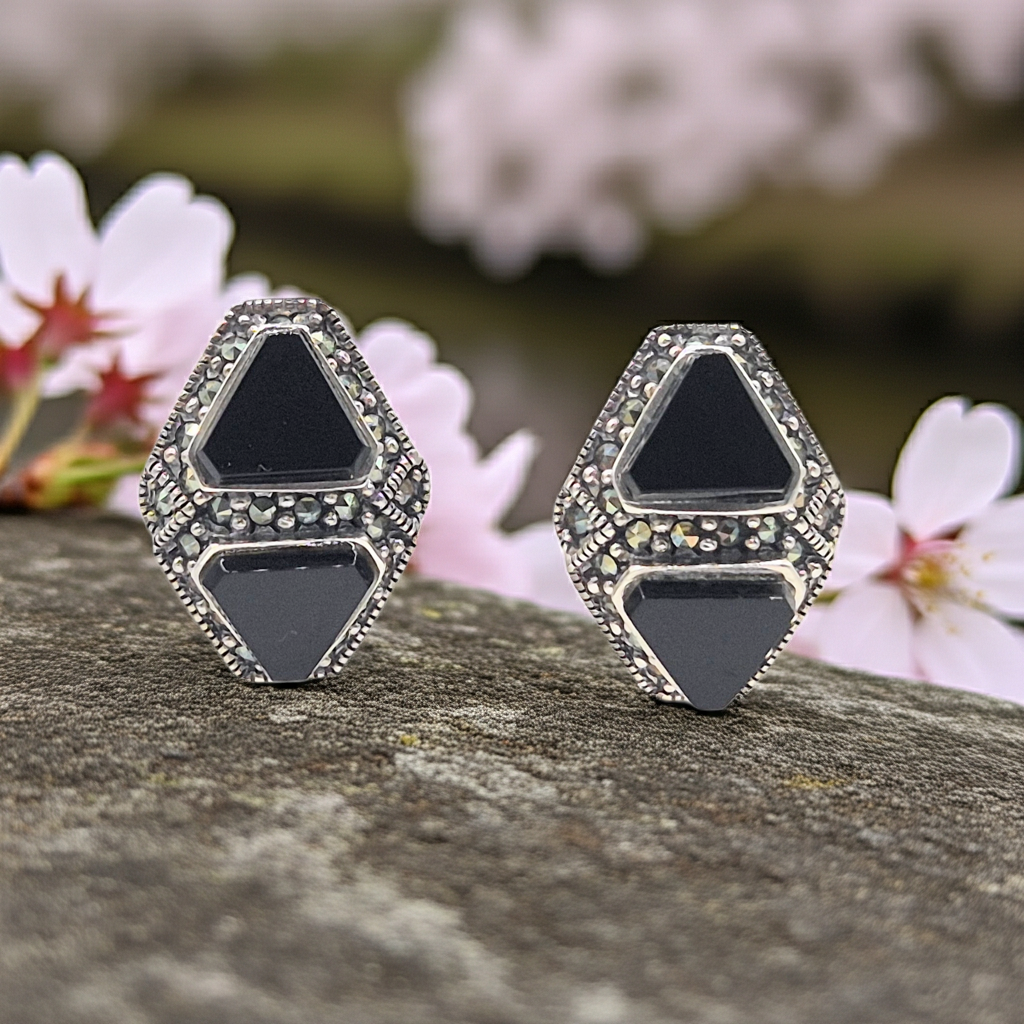 Black Onyx Geometric Design Studs
