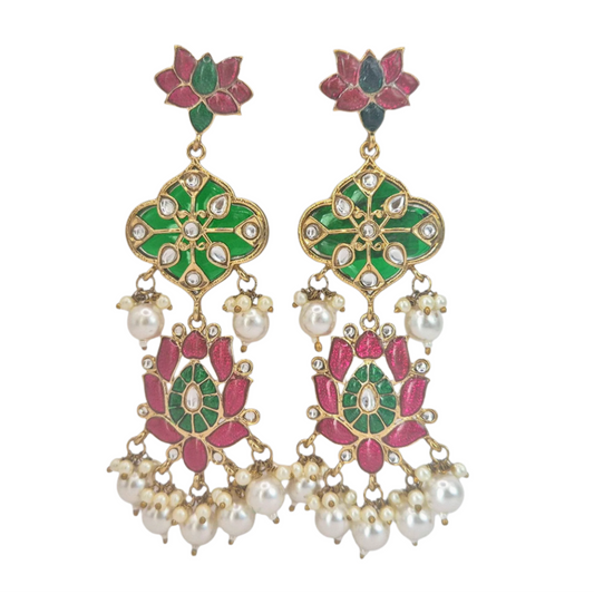 Green quartz with fushcia pink enamel and kundan