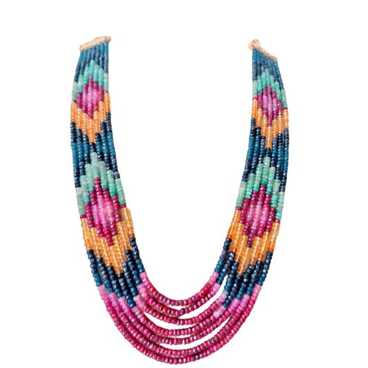 Natural rubies, sapphires and emerald necklace, designed in a geometric pattern
