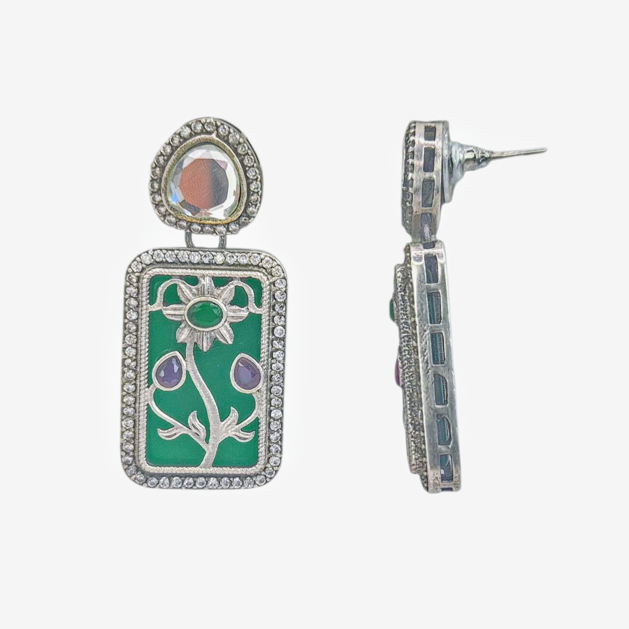 Green and pink quartz with diamantes in german silver