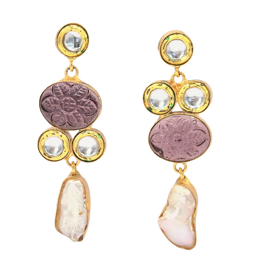 Carved Hydro Quartz and Baroque Pearls paired with Kundan make these danglers in brass, with plating