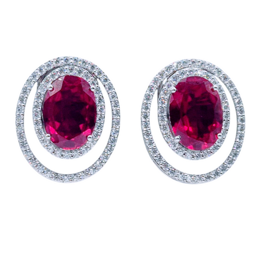 Pomegranate Red Hydro Quartz, in oval shape with Cubic Zirconia in 925 Silver