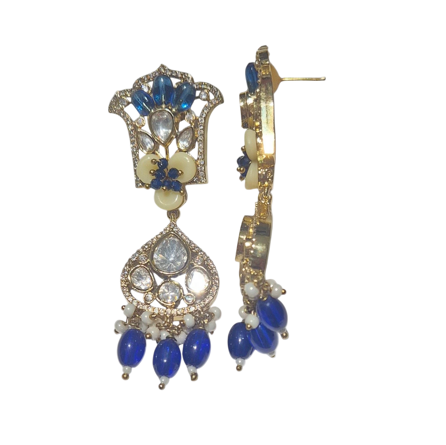 Blue quartz with kundan and seed pearls in brass