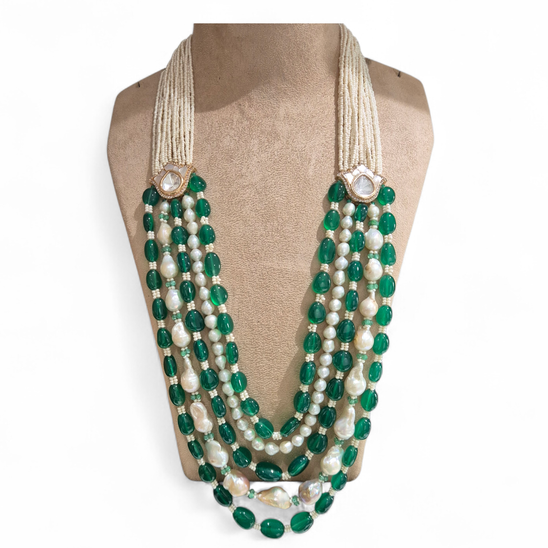 SETC9 - Pearls , green onyx and kundan with mother of pearl in brass