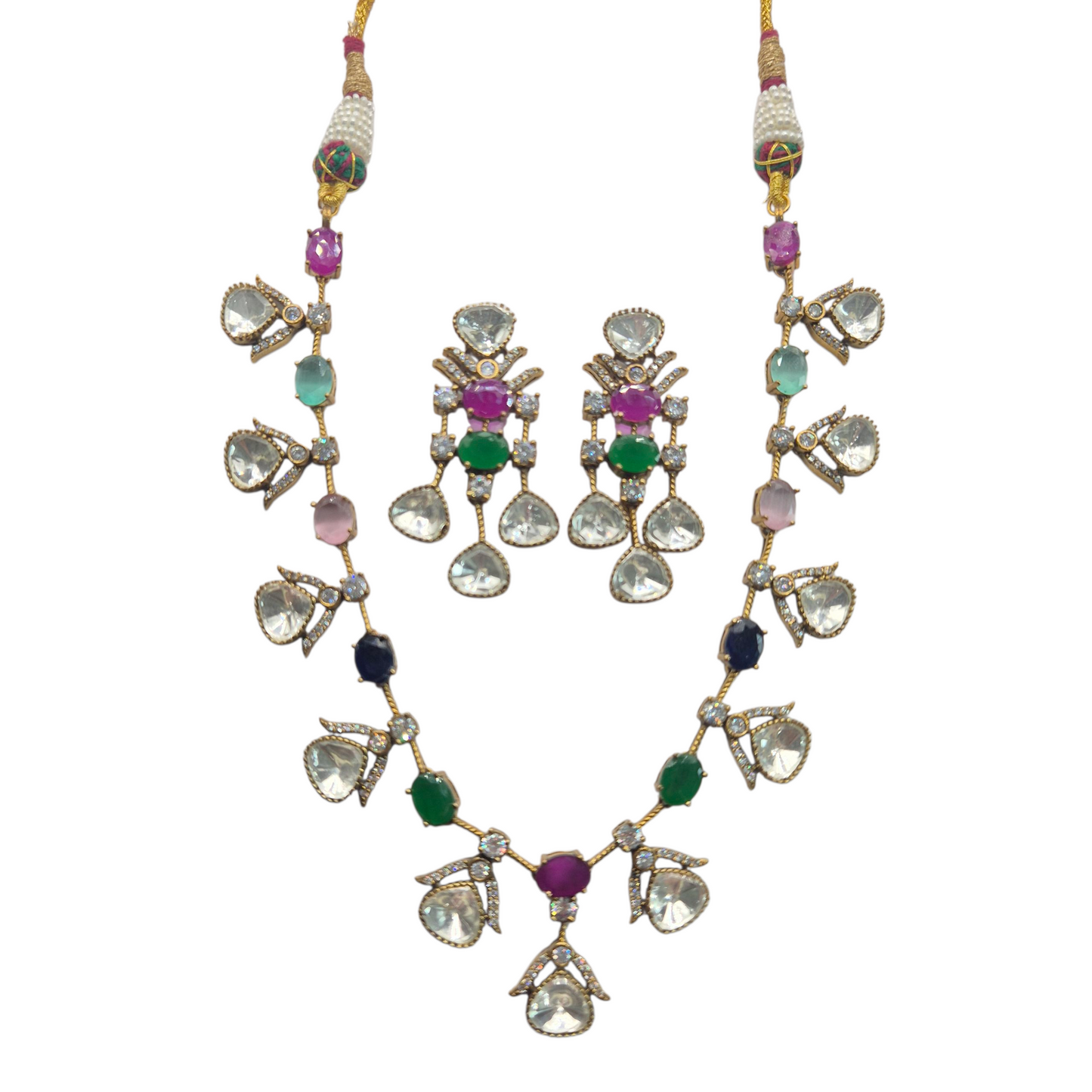 Vintage necklace set made with multi-coloured quartz and lustrous moissanites