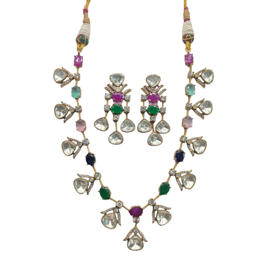 Vintage necklace set made with multi-coloured quartz and lustrous moissanites