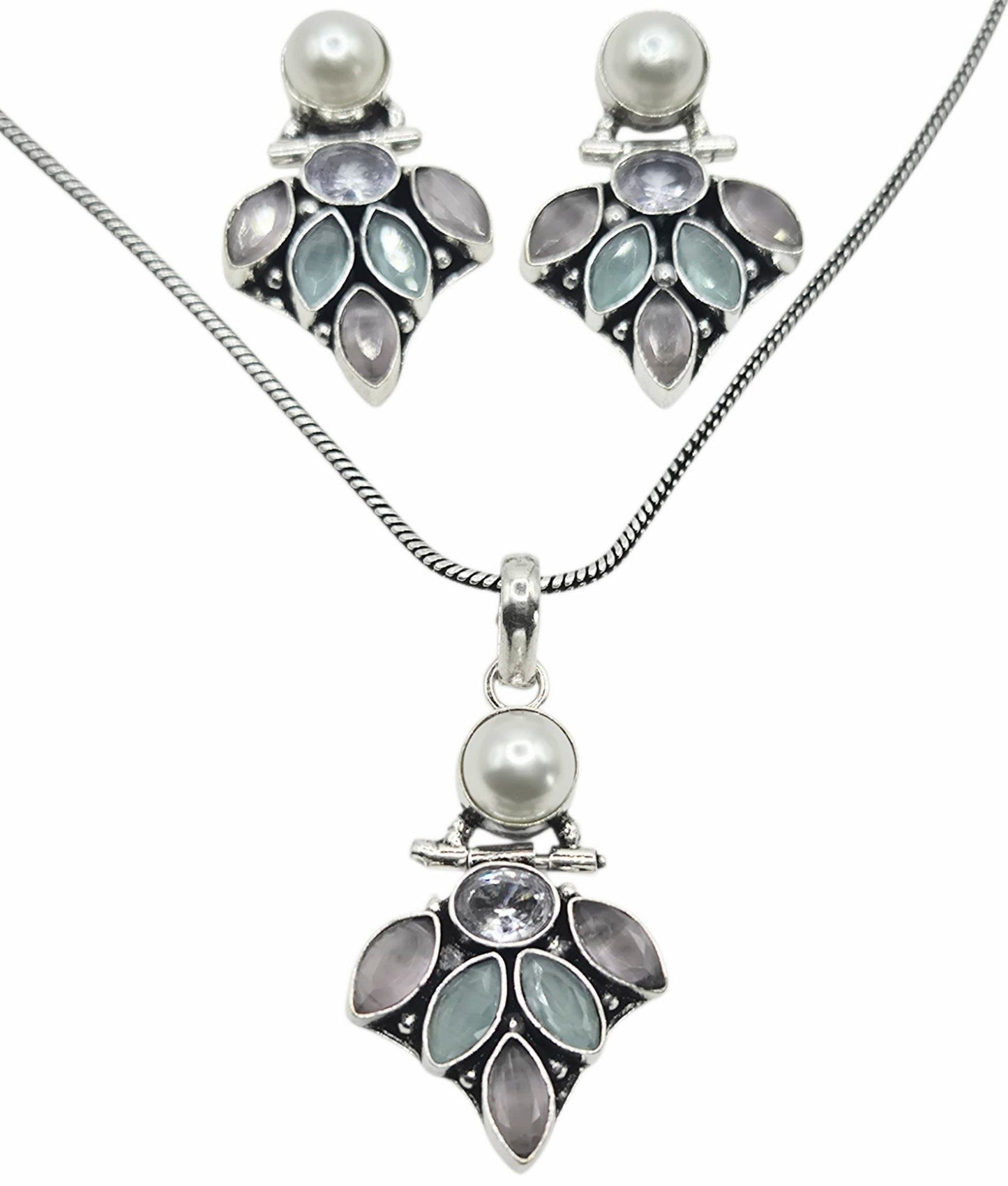 Pastel Green and Pink Marquis quartz with White Pearl Set in brass