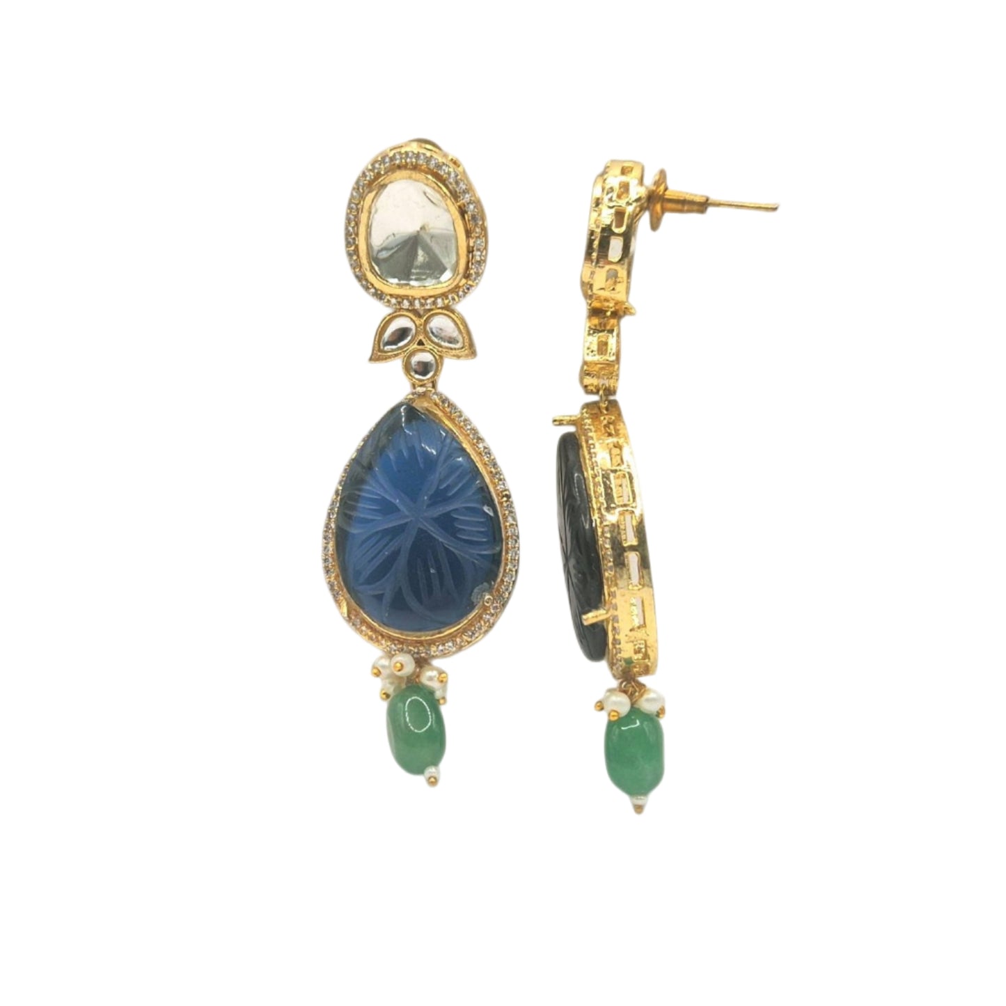 Blue quartz with kundan and pearls in brass