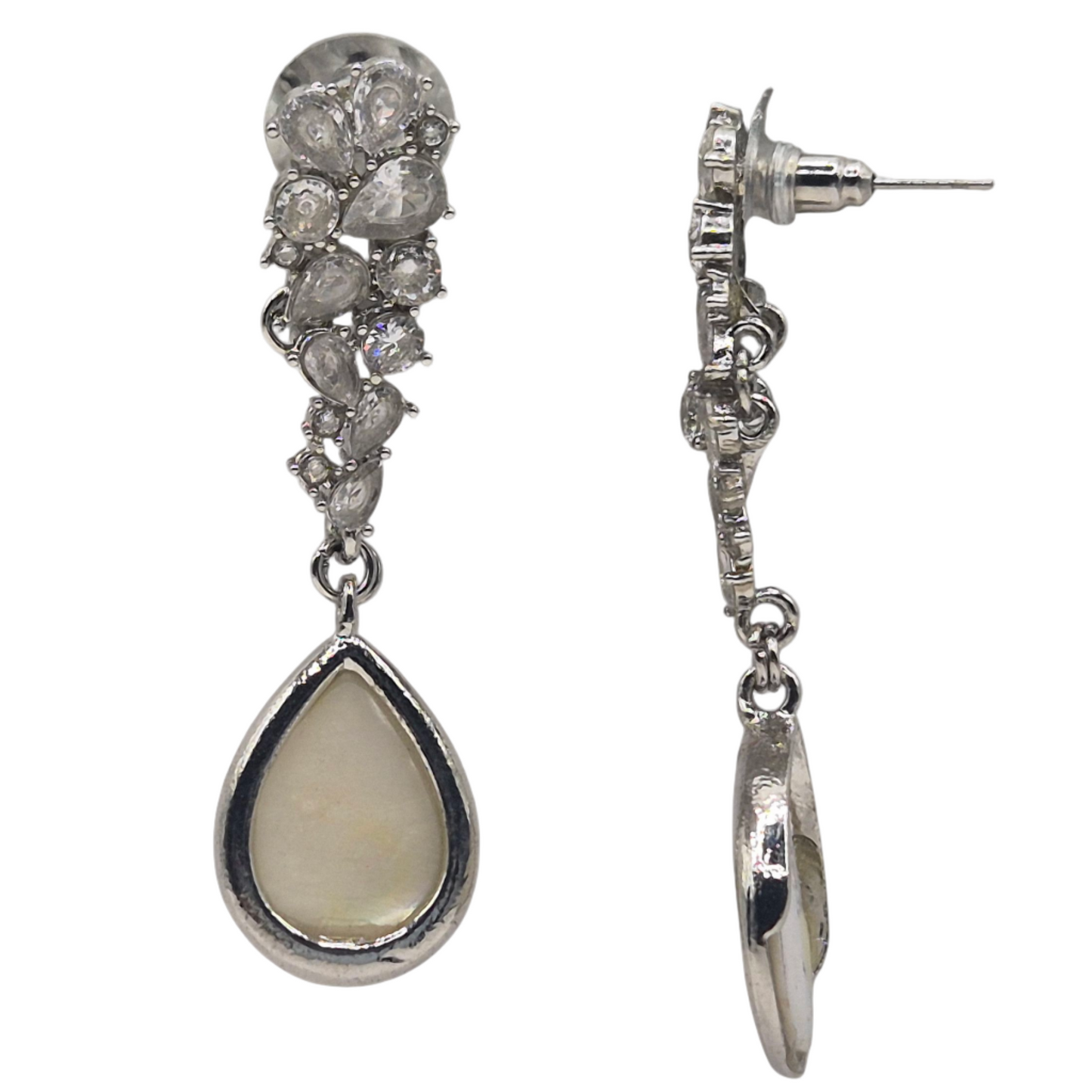 Cubic Zirconias and White Quartz set in Brass with a dangling Mother of Pearl drop set in Brass