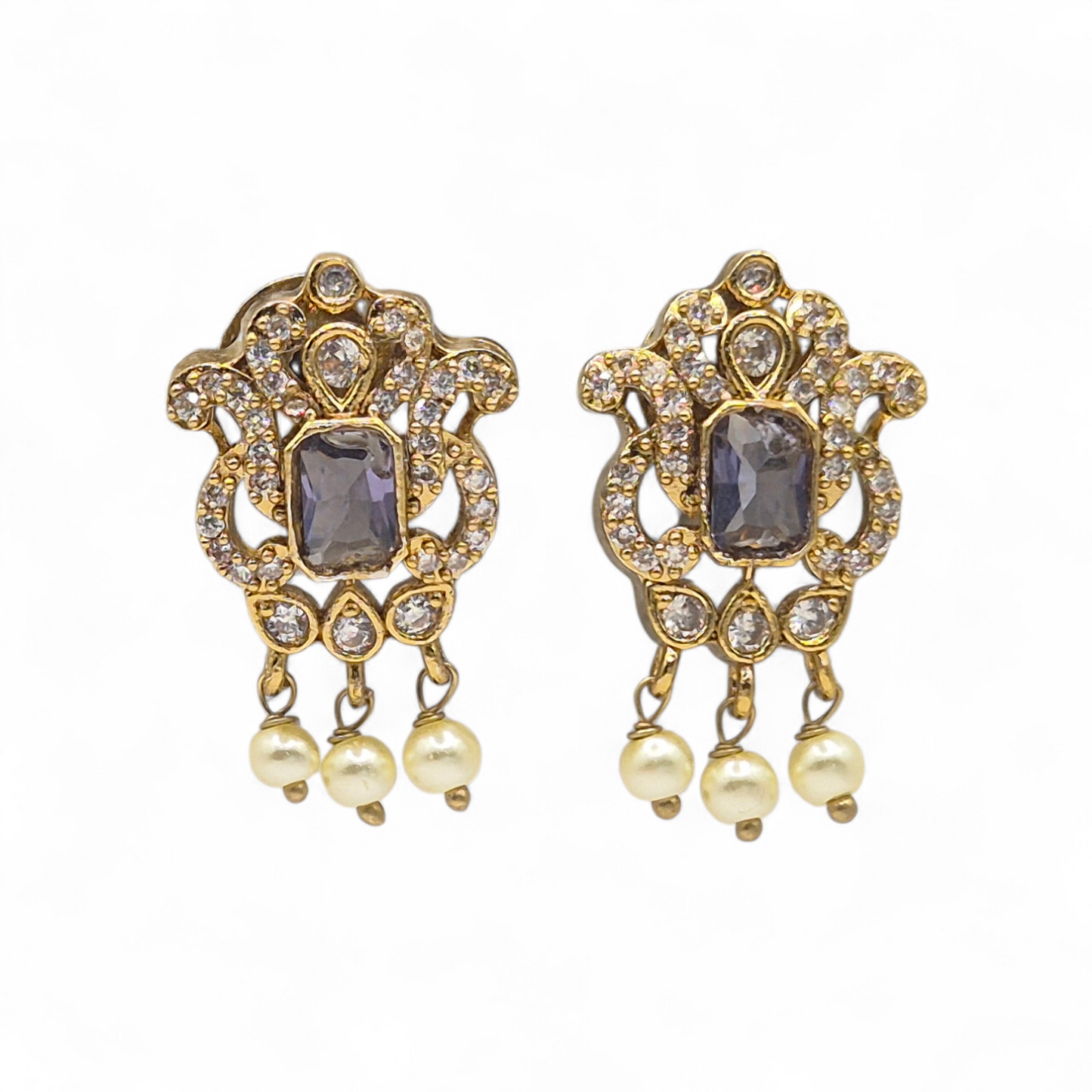 Purple Quartz with CZ and Pearls in Brass