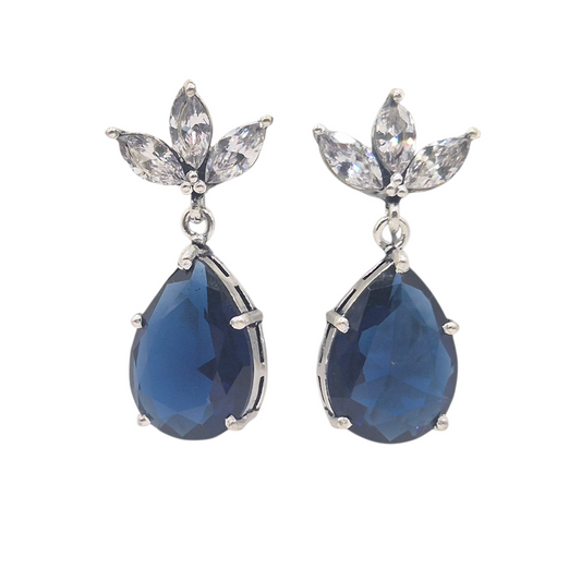 Dark blue quartz drop with cubic zirconia marquis set in brass