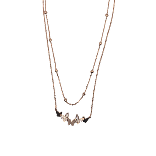 Stainless steel double chain with butterfly motif in pink plating