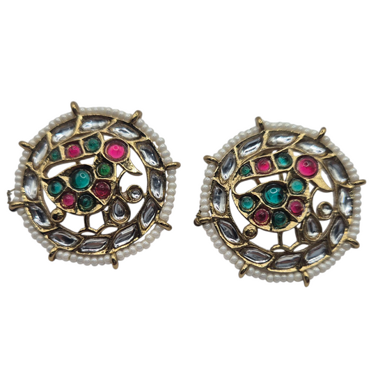 Traditional enamelled parrot earrings with kundan in brass