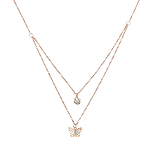 Stainless double chain with butterfly motif in pink plating