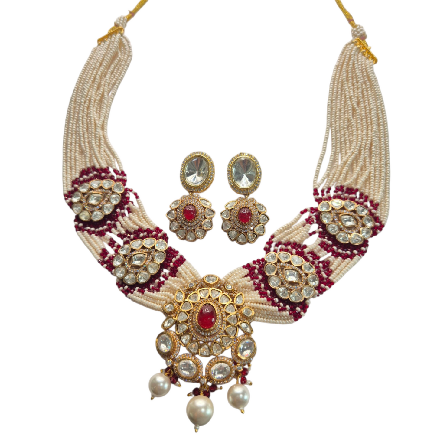 Maroon quartz with kundan and seed pearls in brass