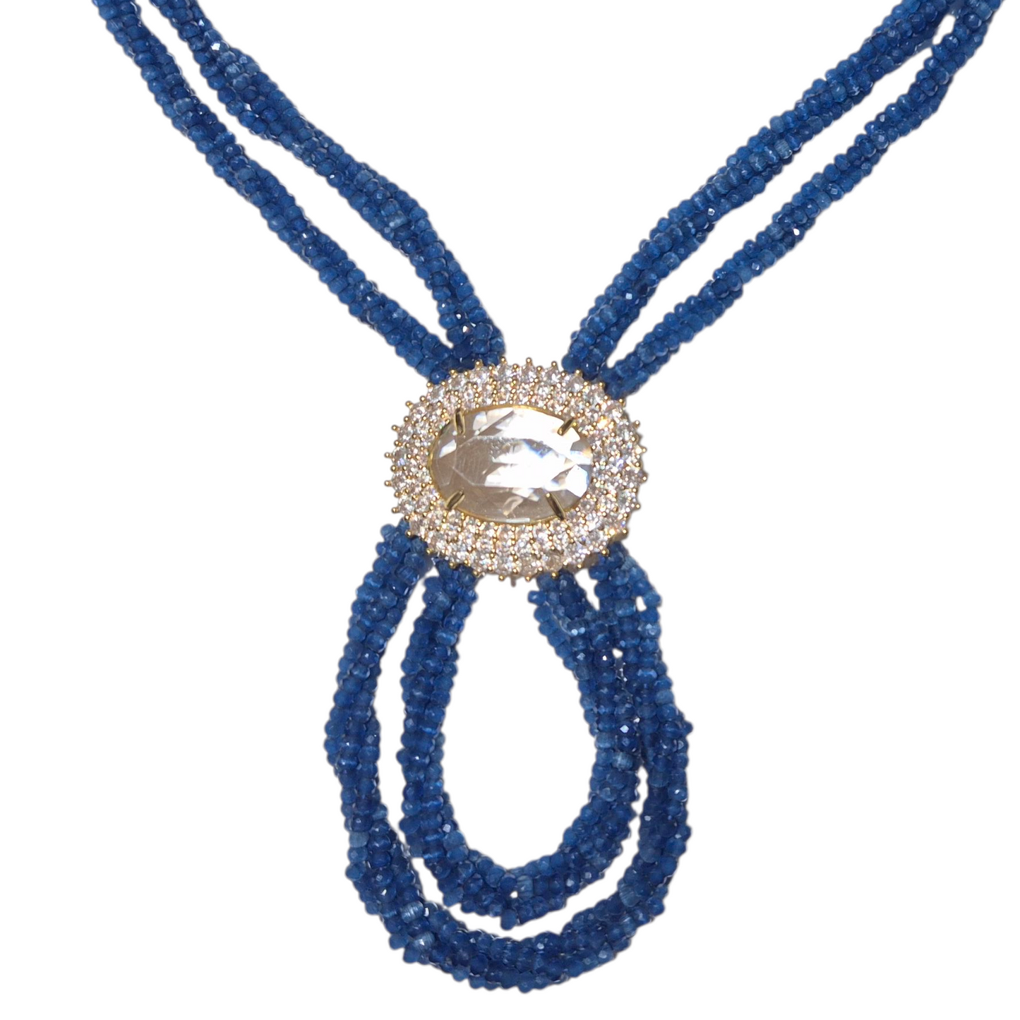 Blue czech beads entwined to make this necklace with a crsytal pendant