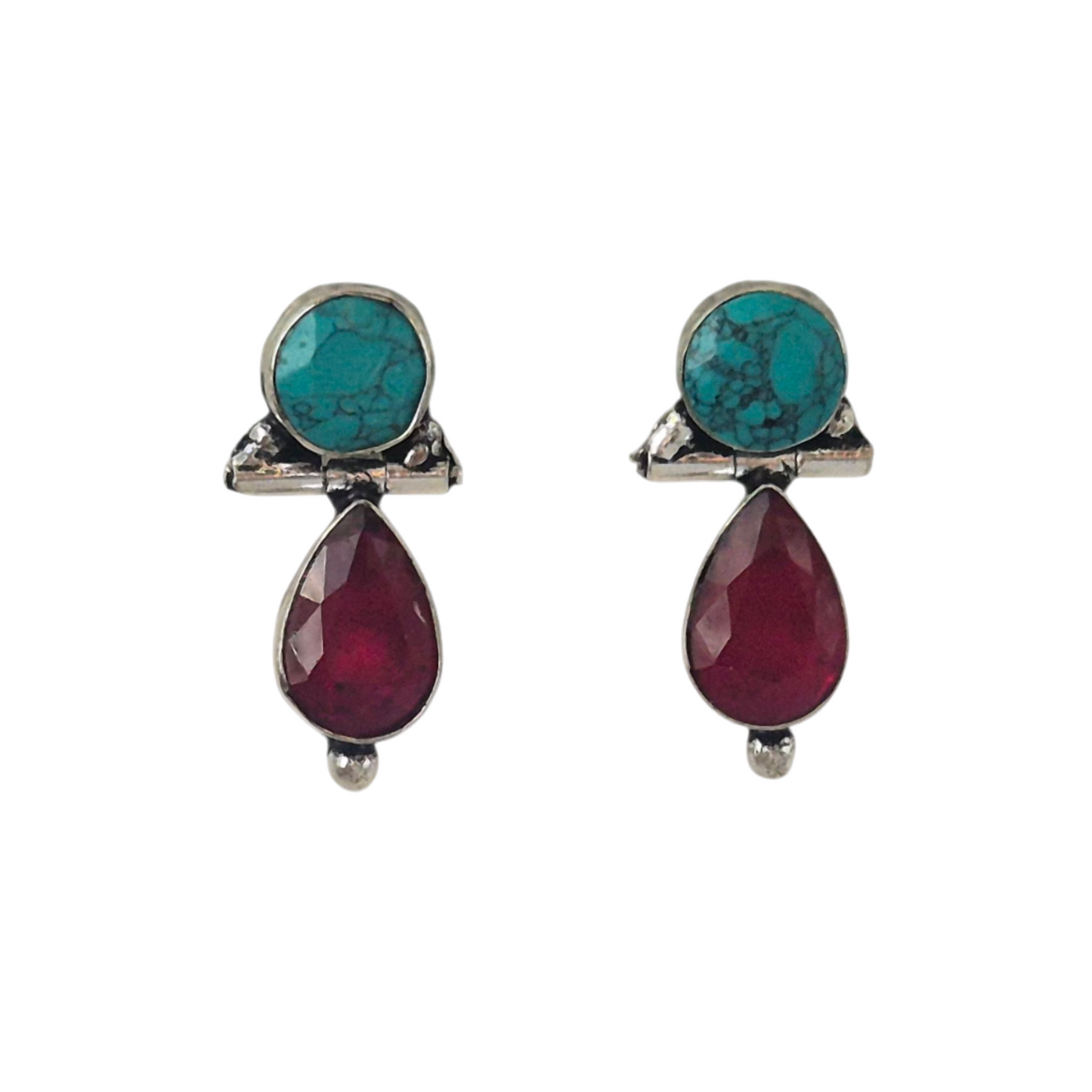 Turquoise gem and red quartz in brass