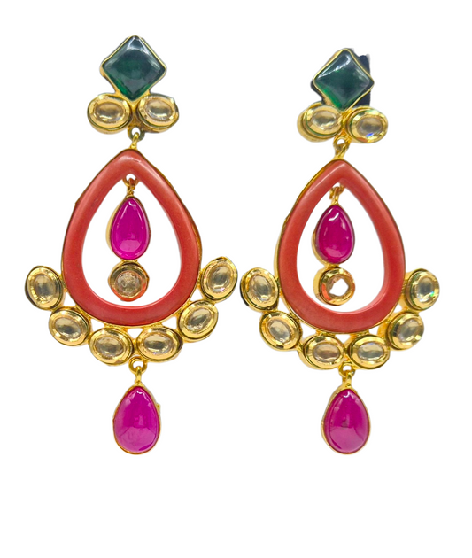 Coral gemstone with maroon and green quartz , along with kundan in brass