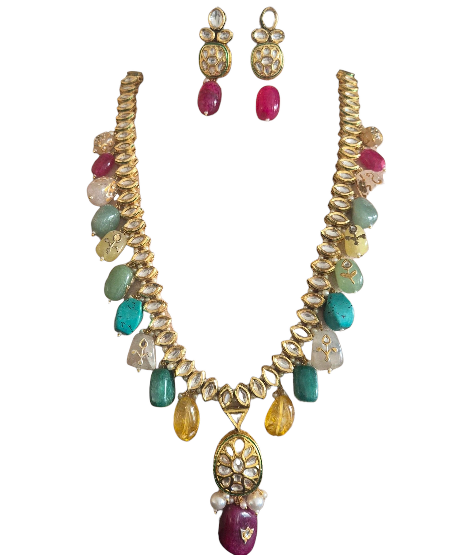 Multi-gemstone necklace with kundan in Brass