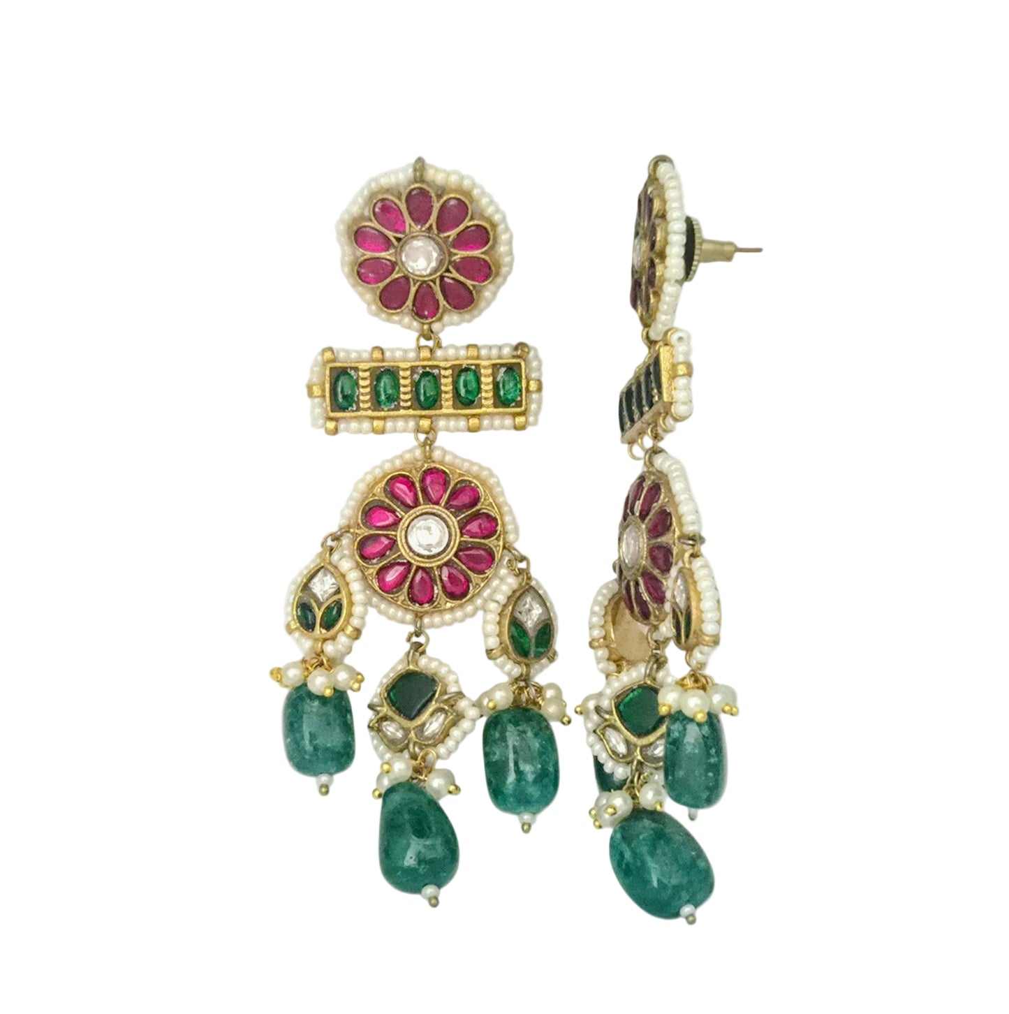 Carved green onyx with kundan and maroon quartz beads in brass