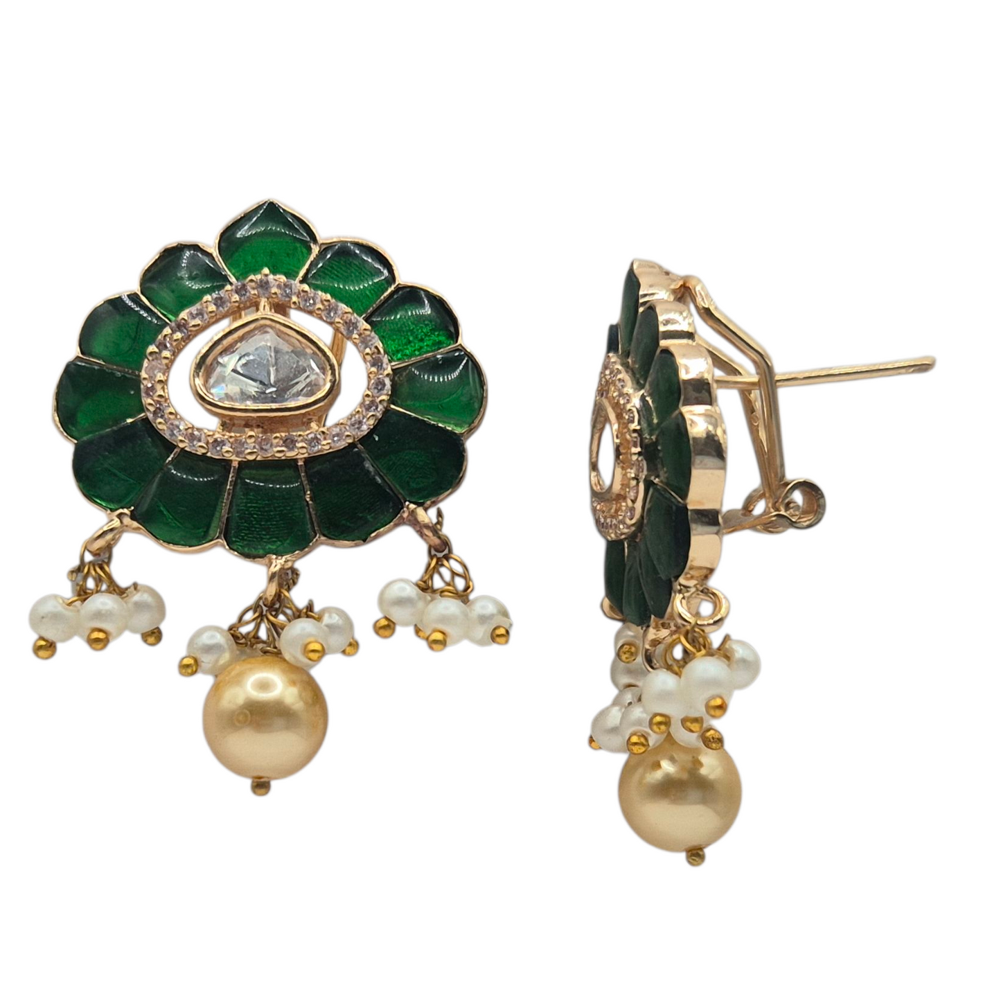 Royal green enamel with moissanite and pearl danglers