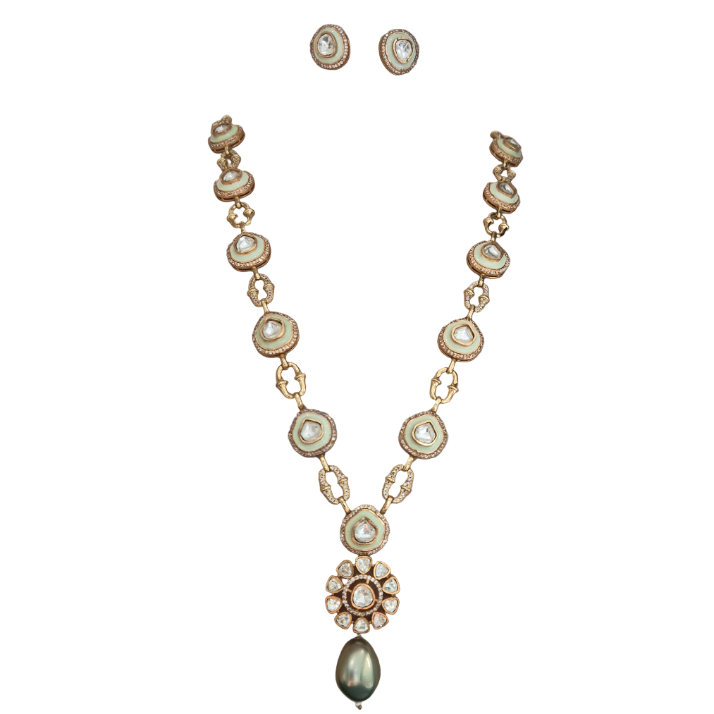 Kundan with mint green enamel and diamantes in brass