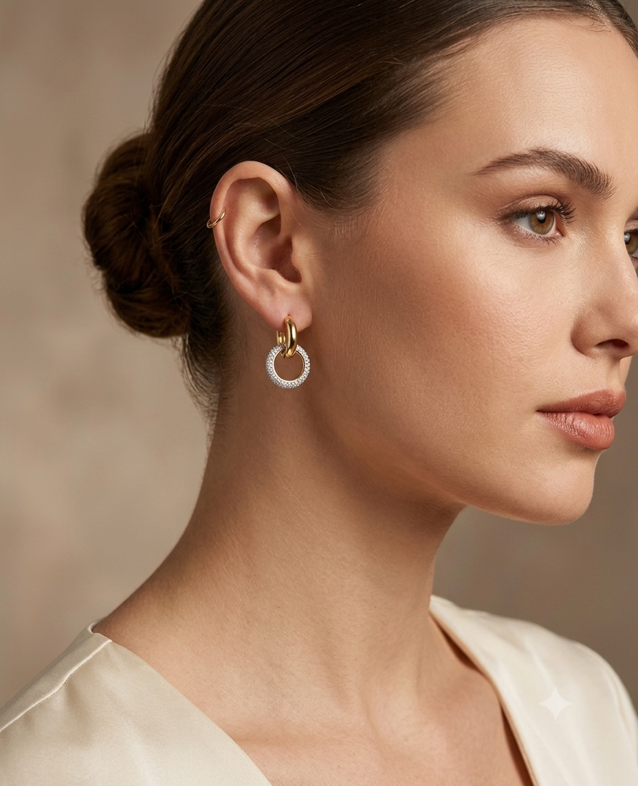 Yellow Gold Plated Double Ring Diamond Bali Earrings in 925 Sterling Silver | Lab Grown Diamond Hoops
