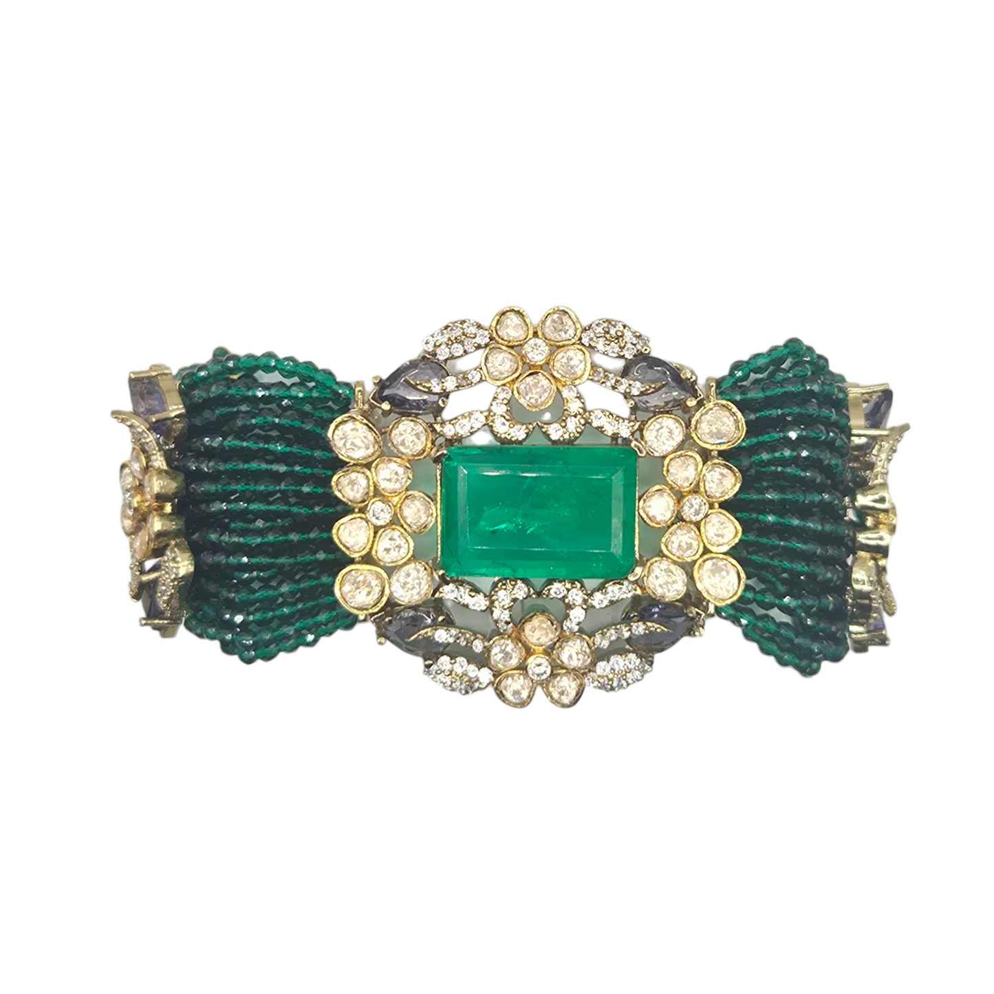 Vintage Styled Bracelet with Czech Beads and Kundan in Brass