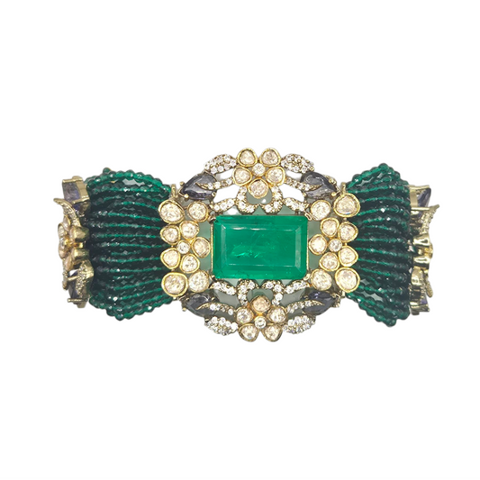 Vintage Styled Bracelet with Czech Beads and Kundan in Brass