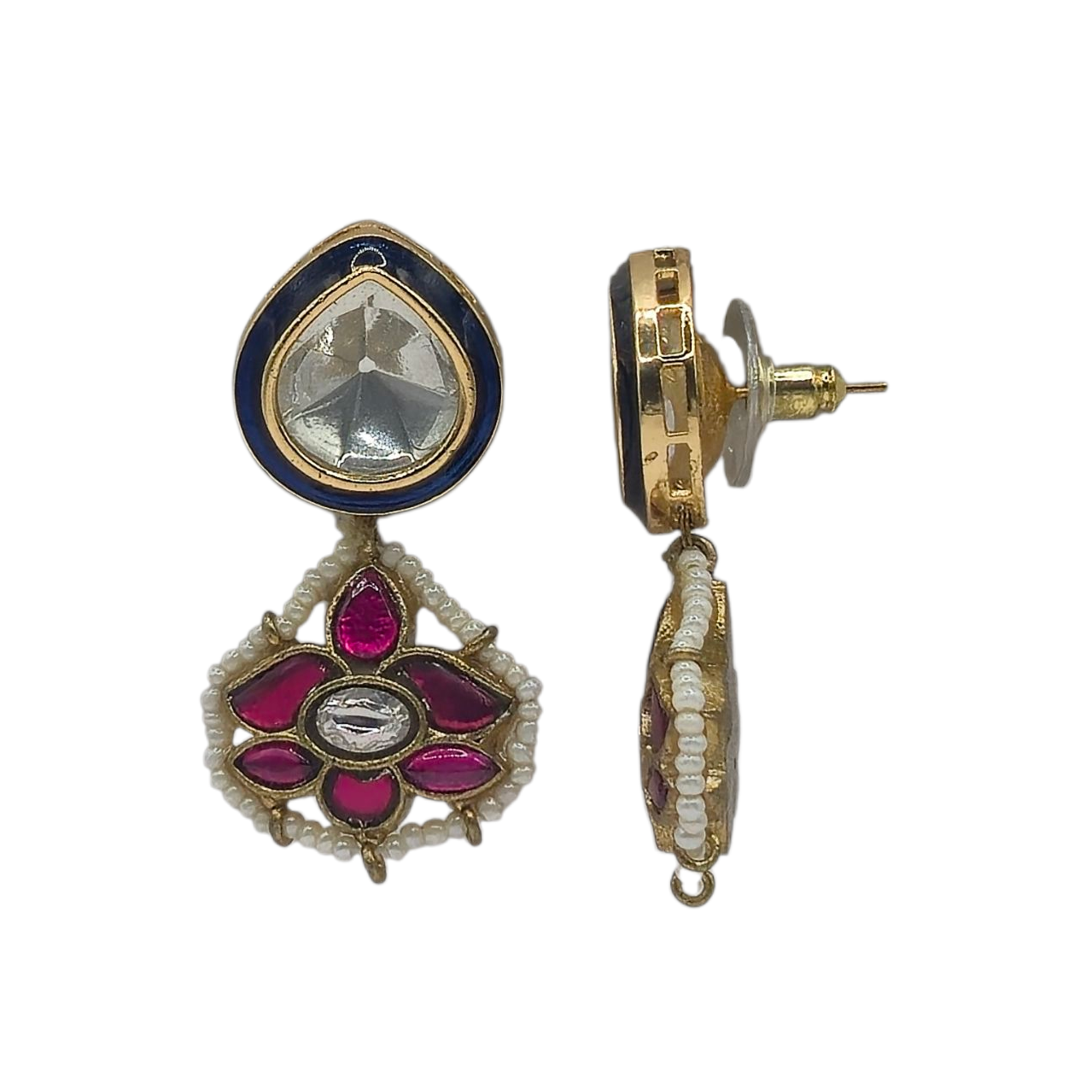 Royal Blue enamel with fuschia pink enamel , kundan and seed pearls in brass
