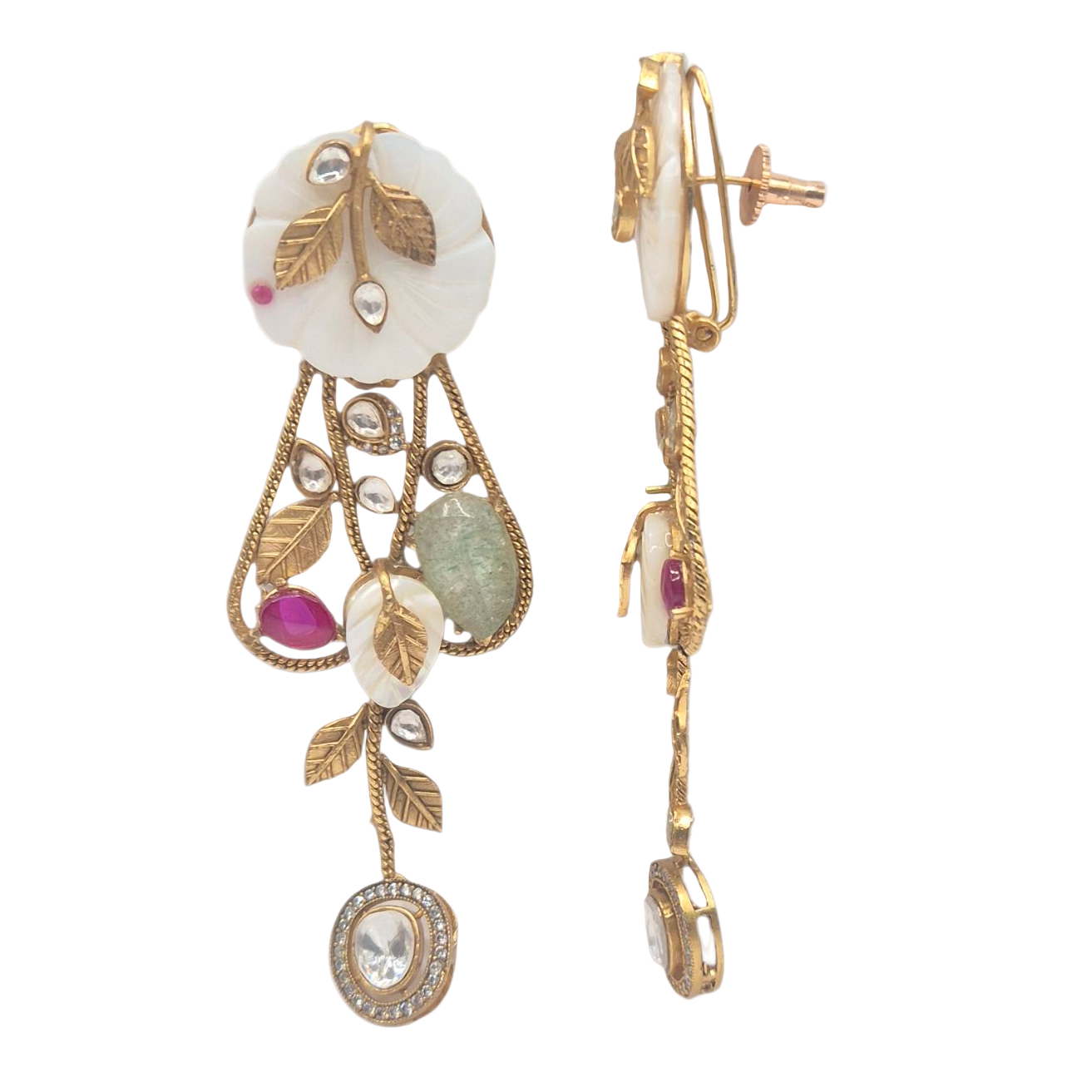 Antique gold in brass, with mother of pearl, amethyst , pearls and carved opal necklace set